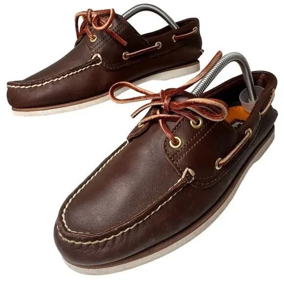 Vtg Timberland Brown Leather White Sole 2 Eye Boat Shoes 74035 Preppy Men Sz 9.5 - Picture 4 of 16